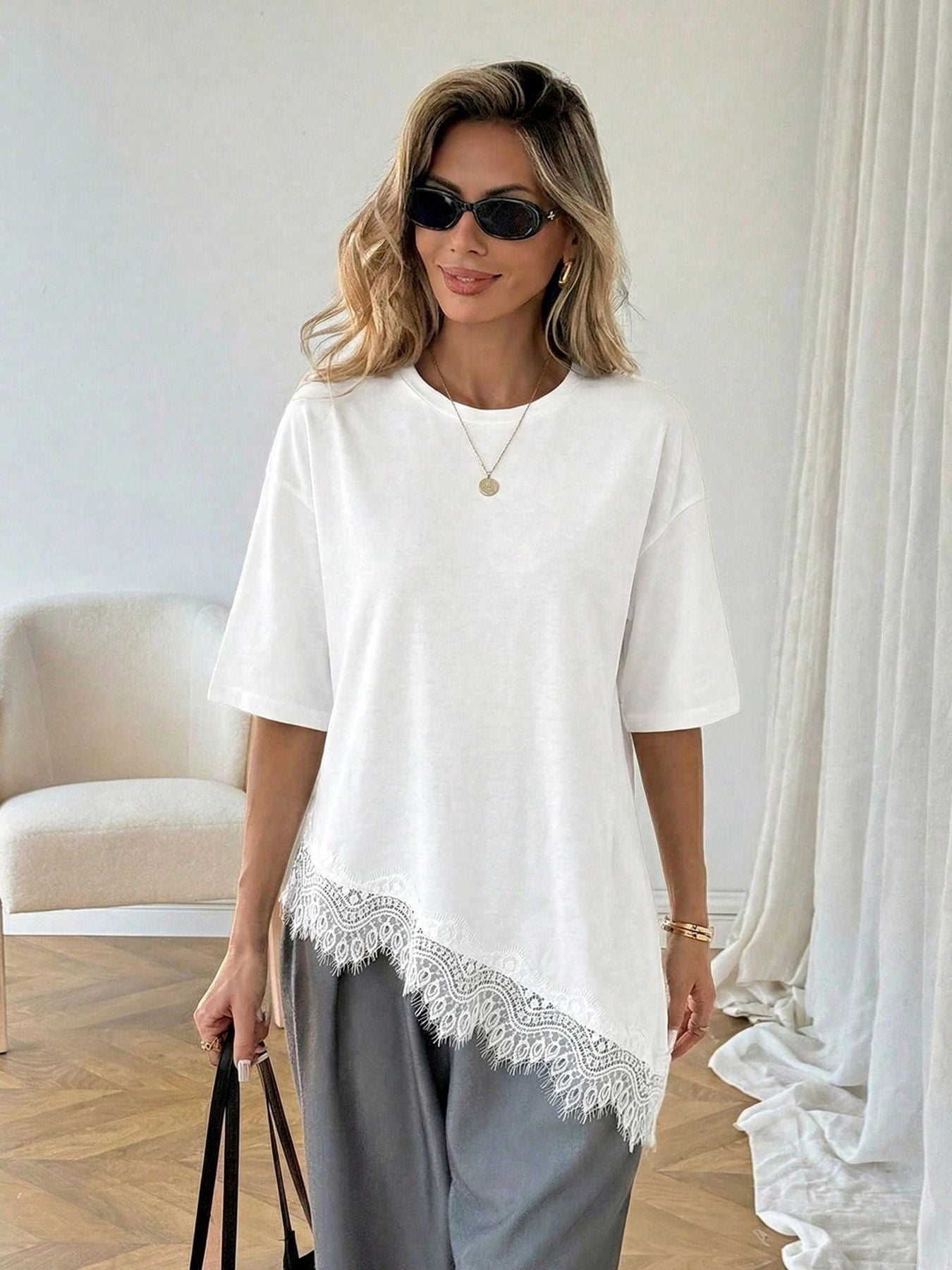 Lace Hem Cotton T Shirt Oversized Short Sleeve Casual Top