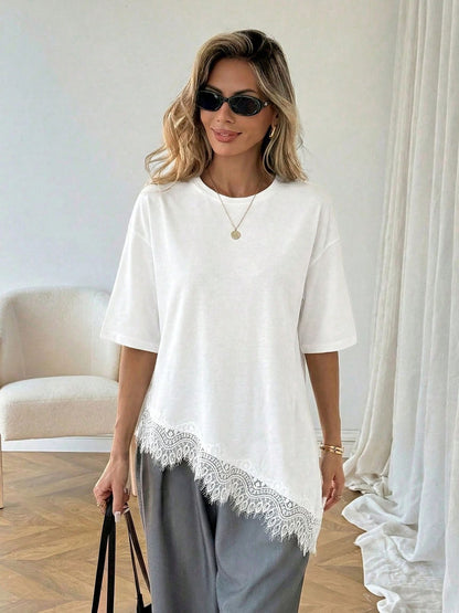 Lace Hem Cotton T Shirt Oversized Short Sleeve Casual Top