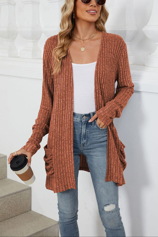 Orange red Ribbed Knit Long Sleeve Cardigan with Side Pockets