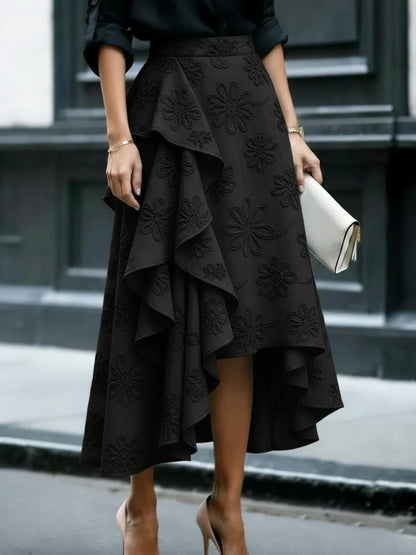 Women's Floral Asymmetrical Ruffle Midi Skirt