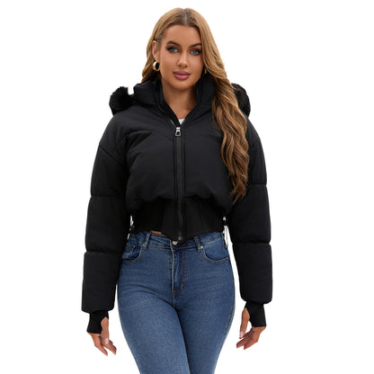 Women's Faux Fur Hood Cropped Cinch Waist Puffer Jacket