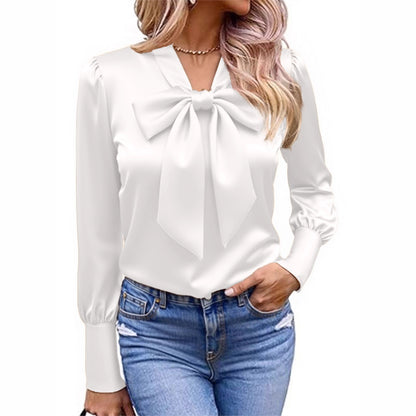 Women's Satin Bow Tie Blouse Puff Long Sleeve Top