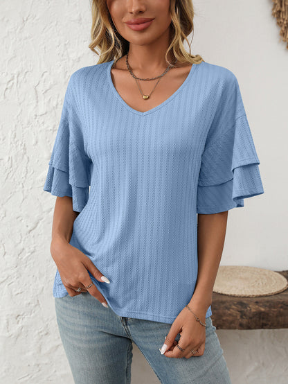 V-Neck Lotus Leaf Sleeve Women’s T-Shirt Top