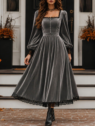 Square Neck Velvet Lace Trim Puff Sleeve Maxi Dress