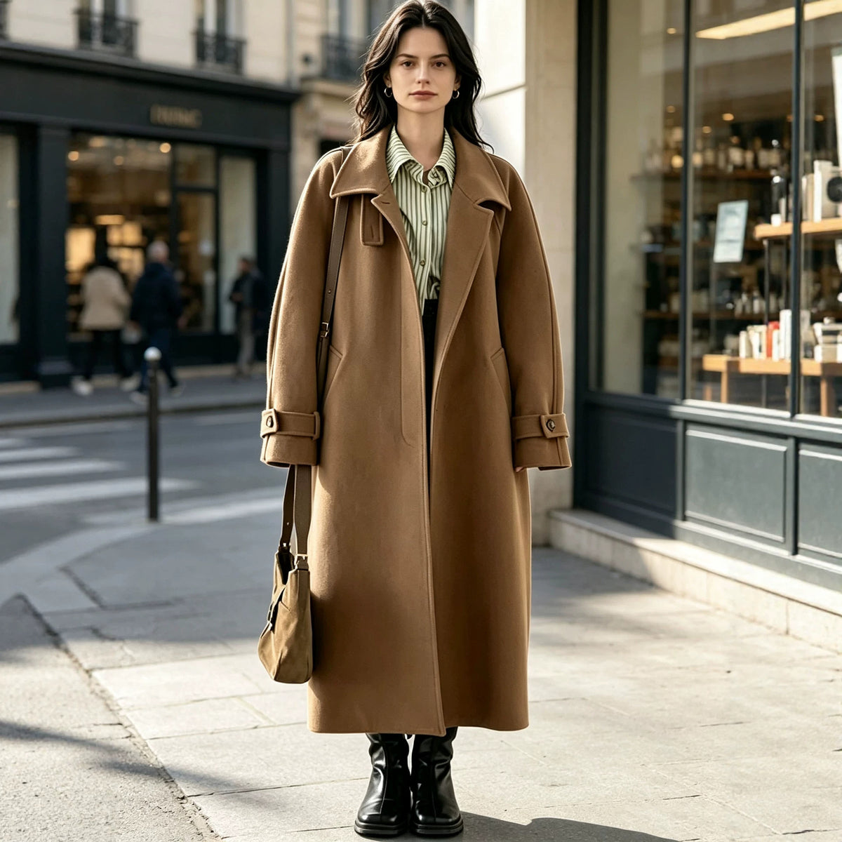Women's Oversized Long Wool Coat Wide Lapel Belted