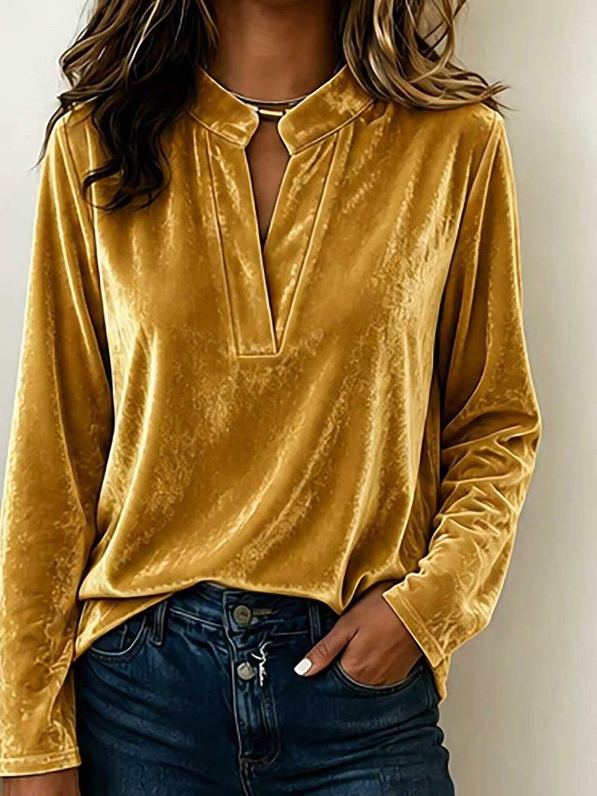 Women's Velvet V-Neck Long Sleeve Casual Blouse Top