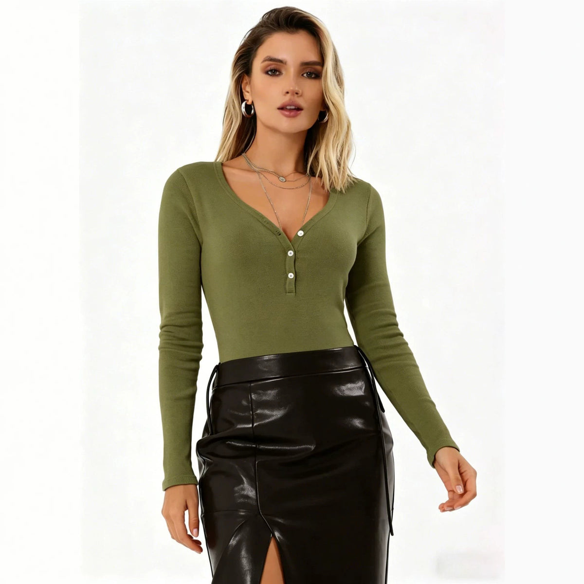 Women's Long Sleeve Ribbed Henley V Neck Fitted Top