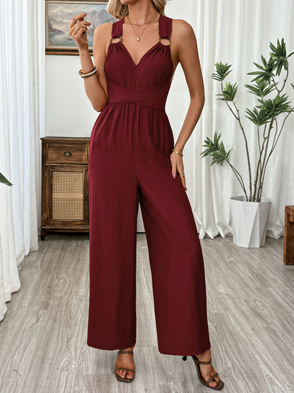 Burgundy Open Back Tie Wide Leg Jumpsuit