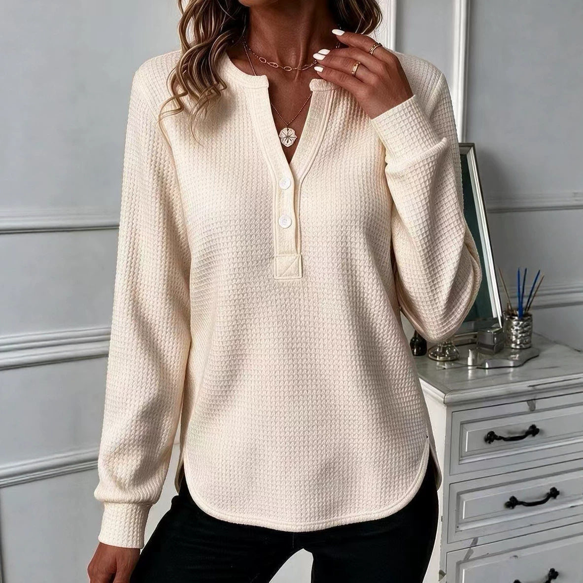 Women's Waffle Knit Henley Long Sleeve Curved Hem Top