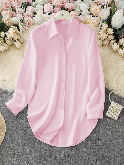 Women's Split Hem Long Sleeve Button Down Tunic Shirt