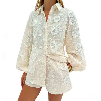 Women's Floral Embroidered Sheer Blouse & Shorts Set