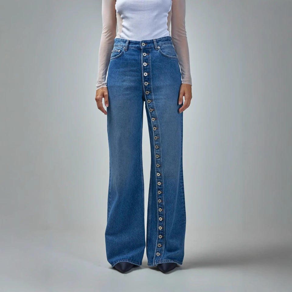 Vintage Washed Button Front High Waist Straight Jeans