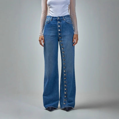 Vintage Washed Button Front High Waist Straight Jeans