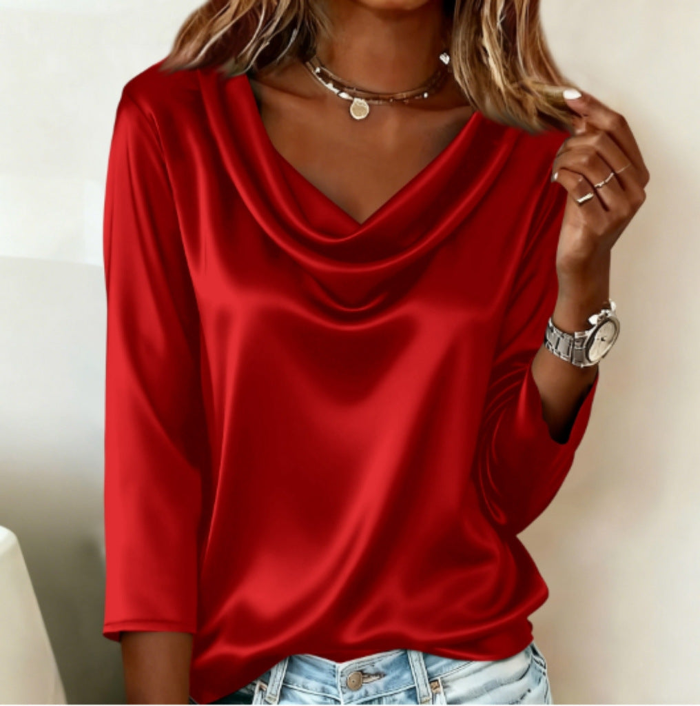 Women's Satin Cowl Neck Blouse 3/4 Sleeve Top