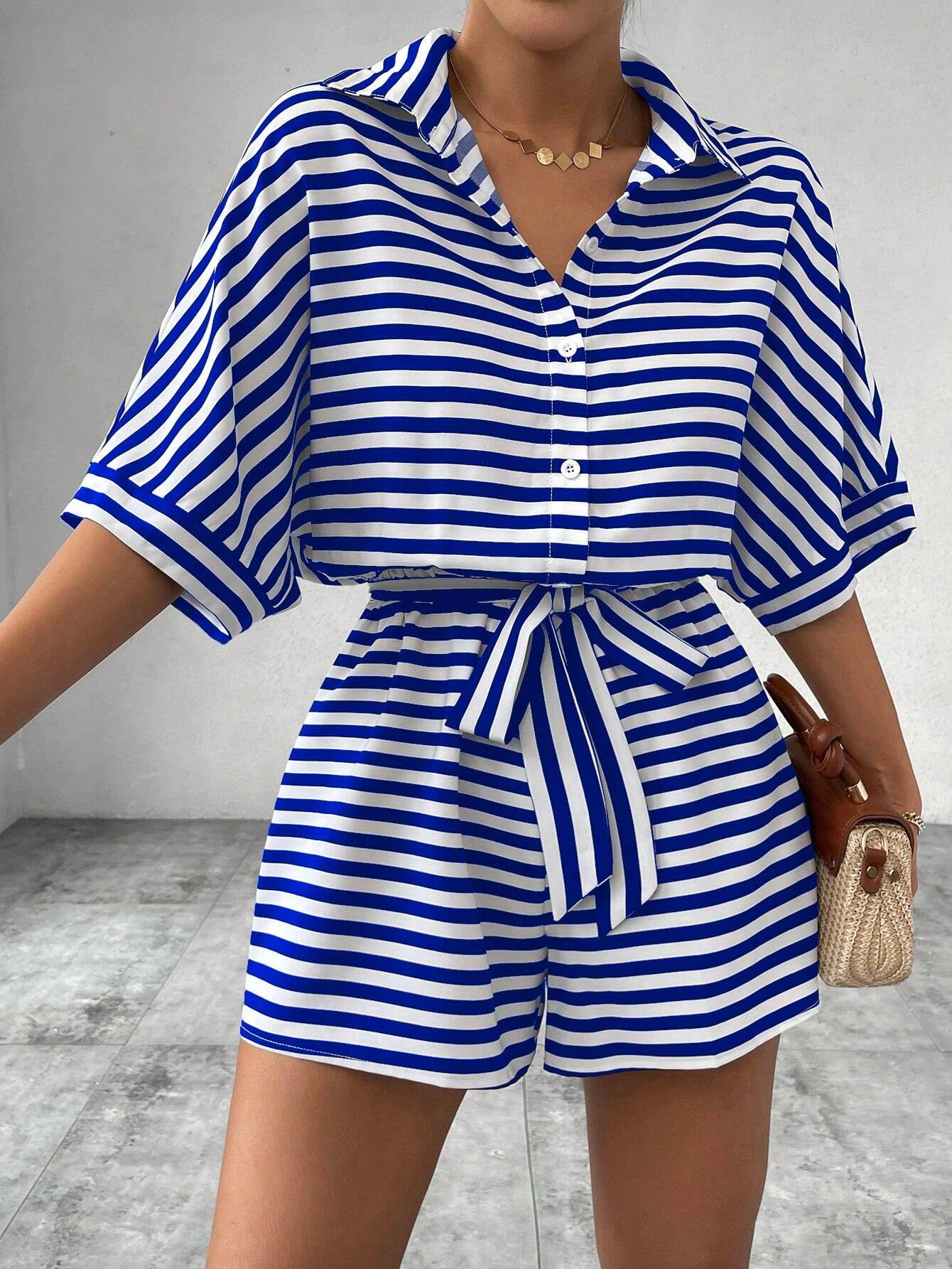 Striped Belted Button Down Romper with Half Sleeves