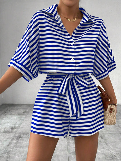 Striped Belted Button Down Romper with Half Sleeves