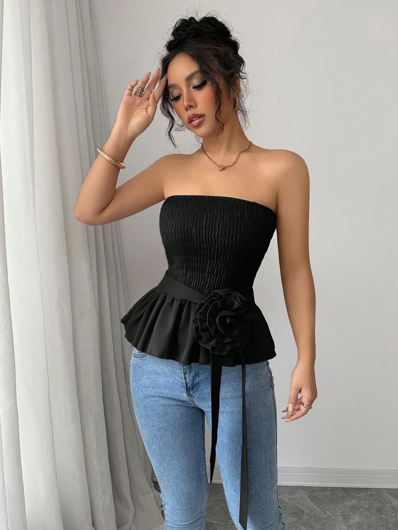 French Style Bandeau Top with Ruffle Hem and Rose