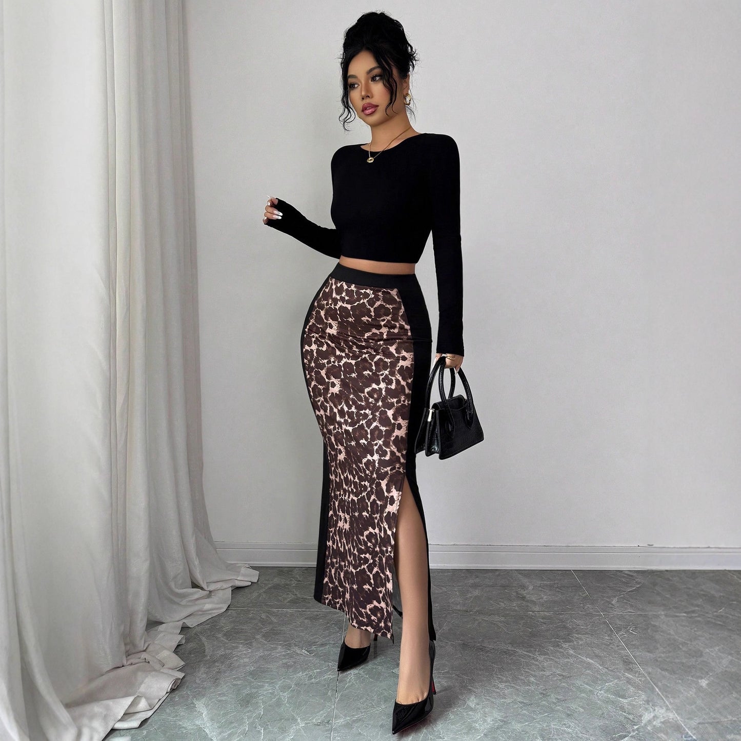 Leopard Print Colorblock Maxi Skirt High Waist Slit Skirt