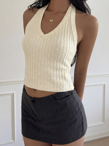 Women's Ribbed Halter Crop Top Backless Sexy Tank