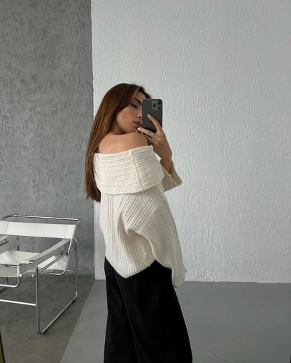 Womens Off Shoulder Bell Sleeve Sweater Oversized Knit Top