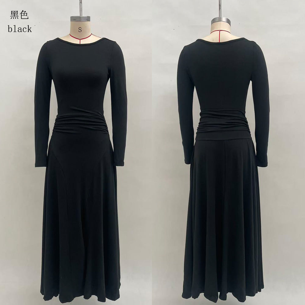 Elegant Boat Neck Long Sleeve Ruched Maxi Dress