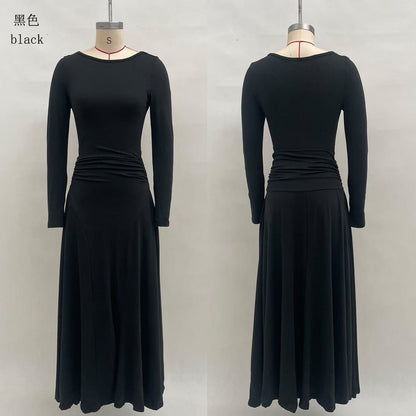 Elegant Boat Neck Long Sleeve Ruched Maxi Dress