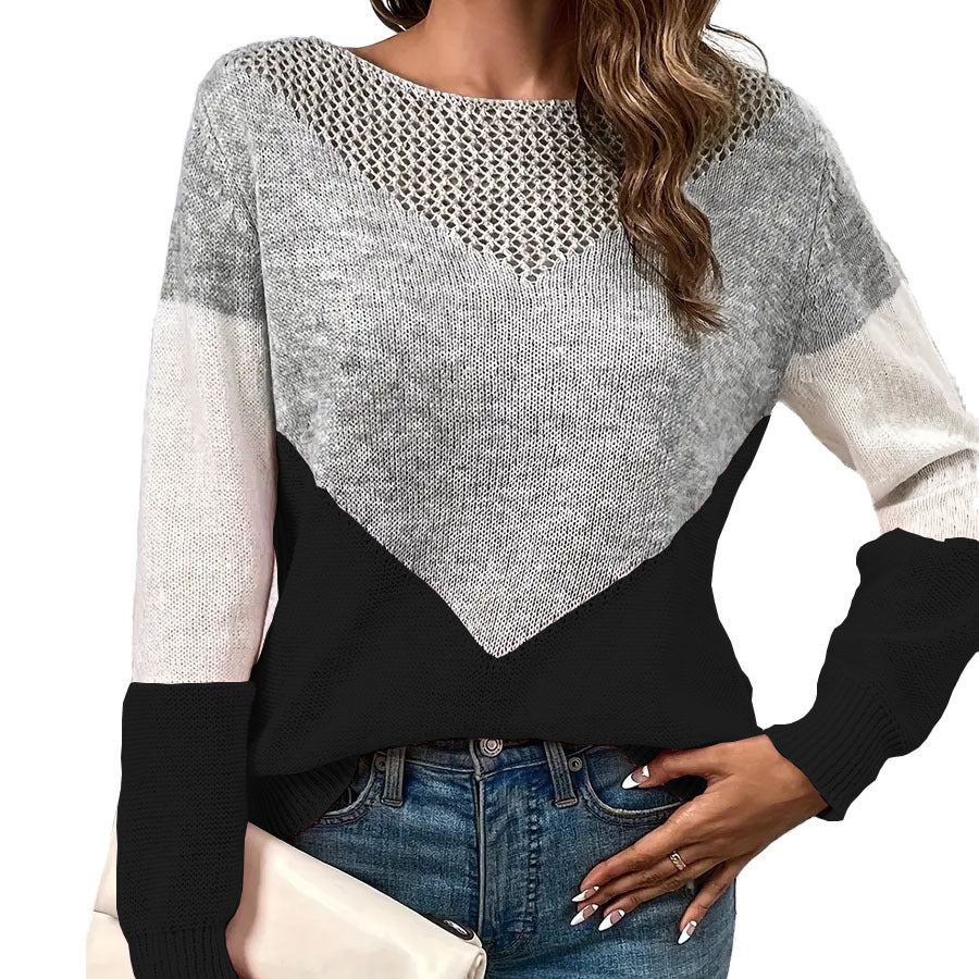 Women's Color Block Crochet Crew Neck Sweater
