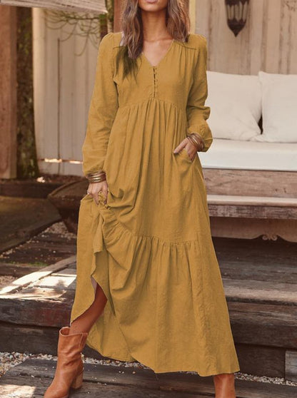 Women's Long Sleeve V-Neck Button Tiered Maxi Dress Pockets