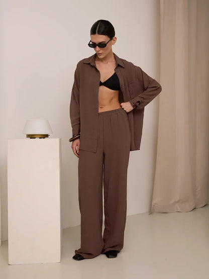 Two Piece Shirt Pants Set Wide Leg Casual Outfit