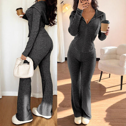 Women's Ribbed Half Zip Knit Top and Pants Matching Set