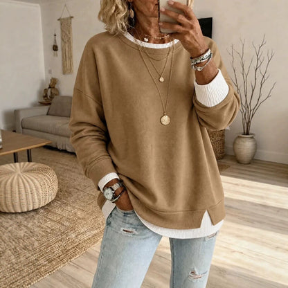 Oversized Layered Crewneck Sweatshirt Side Slit Ribbed