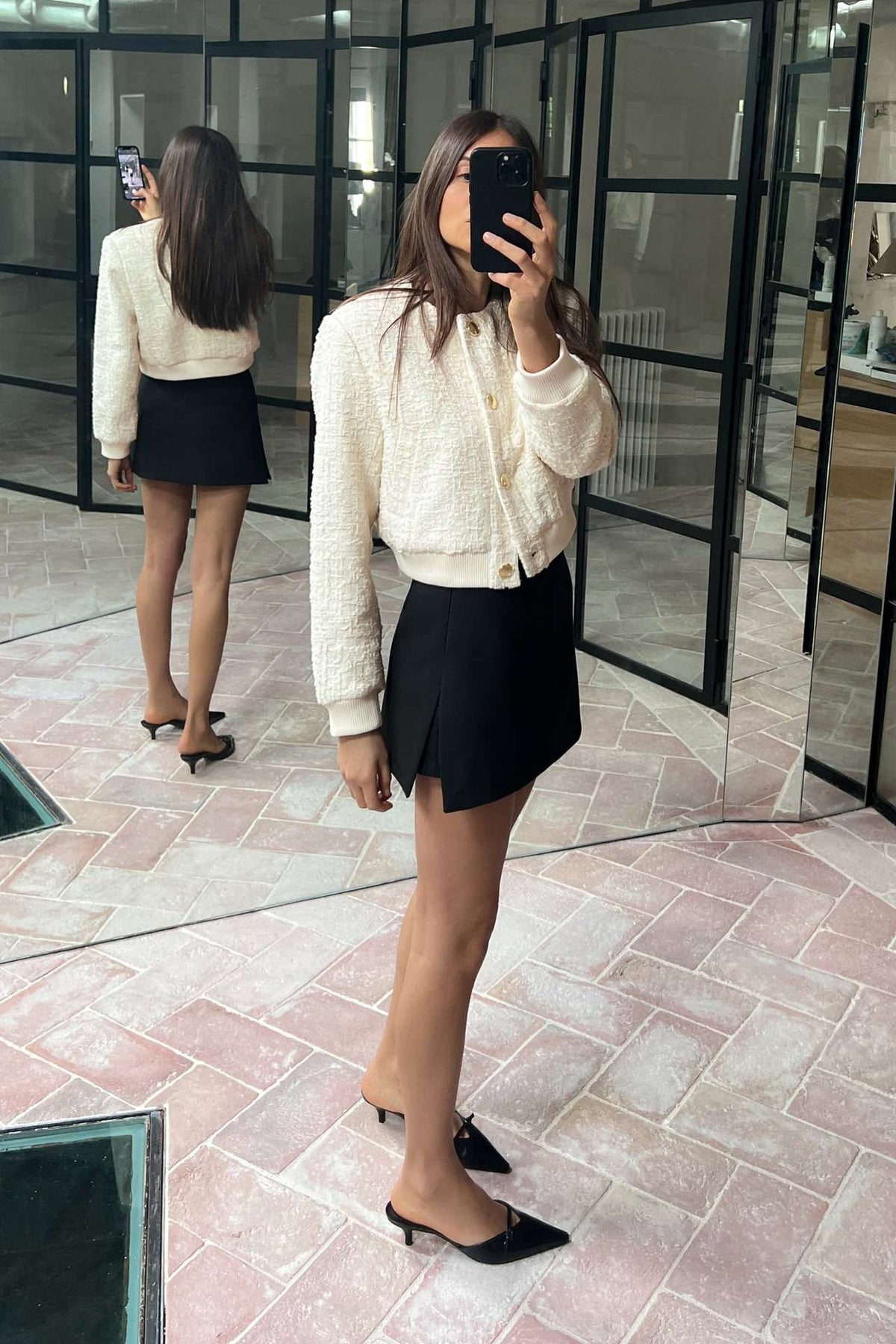 Women's Cropped Tweed Bomber Jacket Button Front
