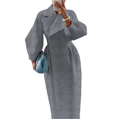 Women Wool Coat Double Breasted Balloon Sleeve Notch Lapel