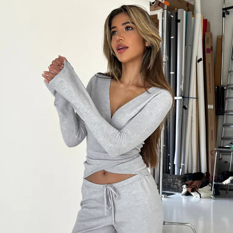 Women Sexy V Neck Wrap Top Wide Leg Pants Two Piece Set