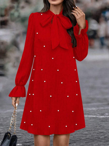 Women's Pearl Beaded Tie Neck Long Sleeve Mini Dress