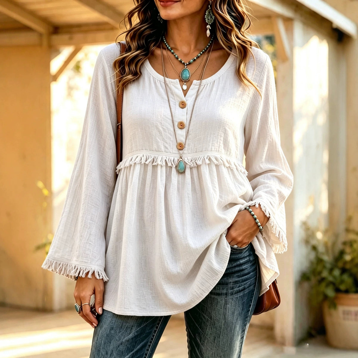 Boho Fringe Button Front Long Sleeve Casual Top
