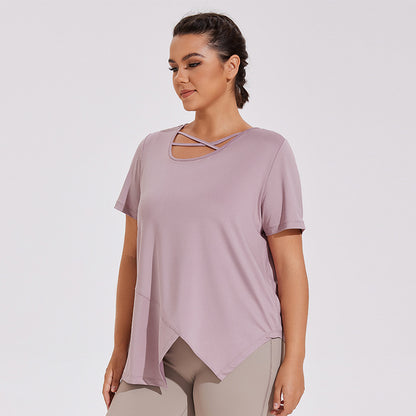 Plus Size Irregular Cross-neck Yoga Quick-drying Short-sleeved T-shirt Elastic Fitness Clothes