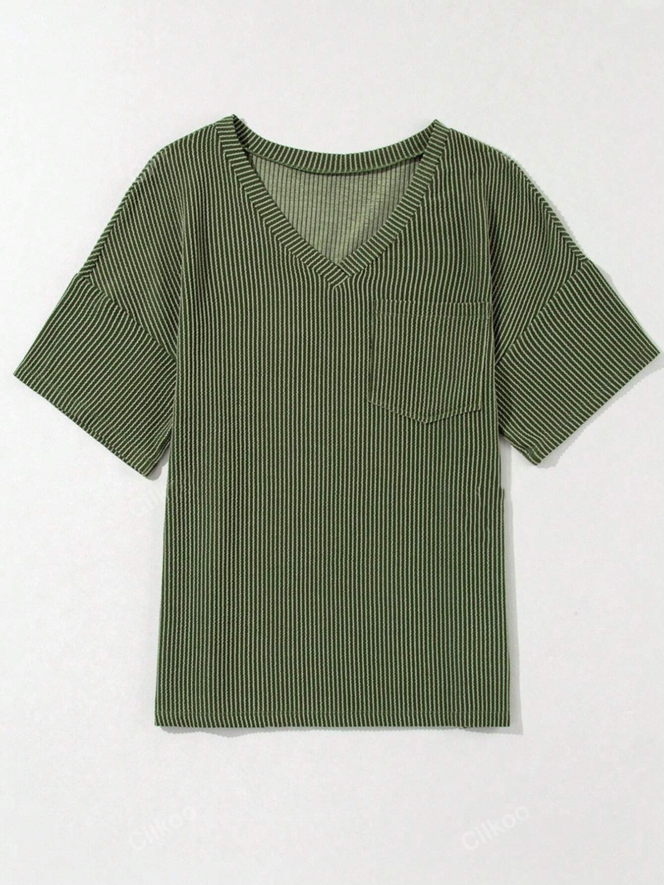 Women’s Ribbed V Neck Short Sleeve Pocket Tee
