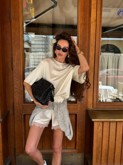 Glossy Round Neck T-Shirt & Lace Shorts Set – Casual Chic