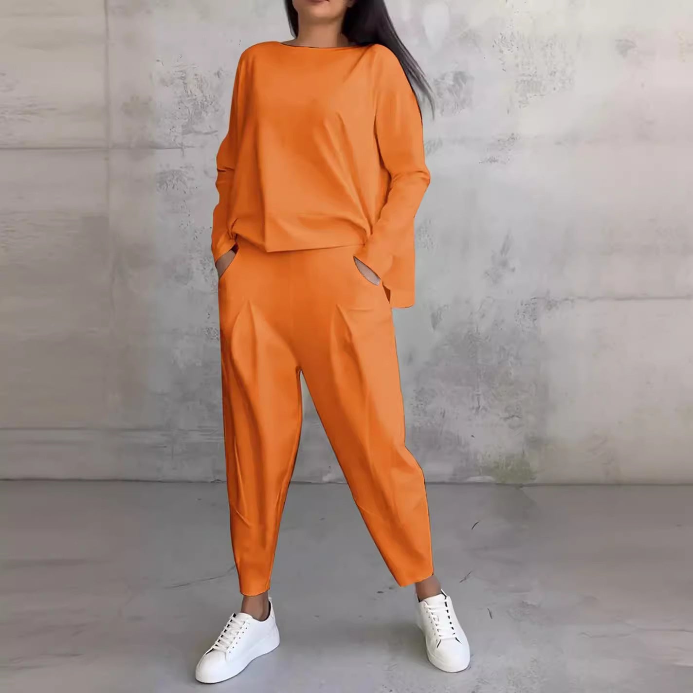 Womens Casual Two Piece Set Long Sleeve Top Pants Pockets