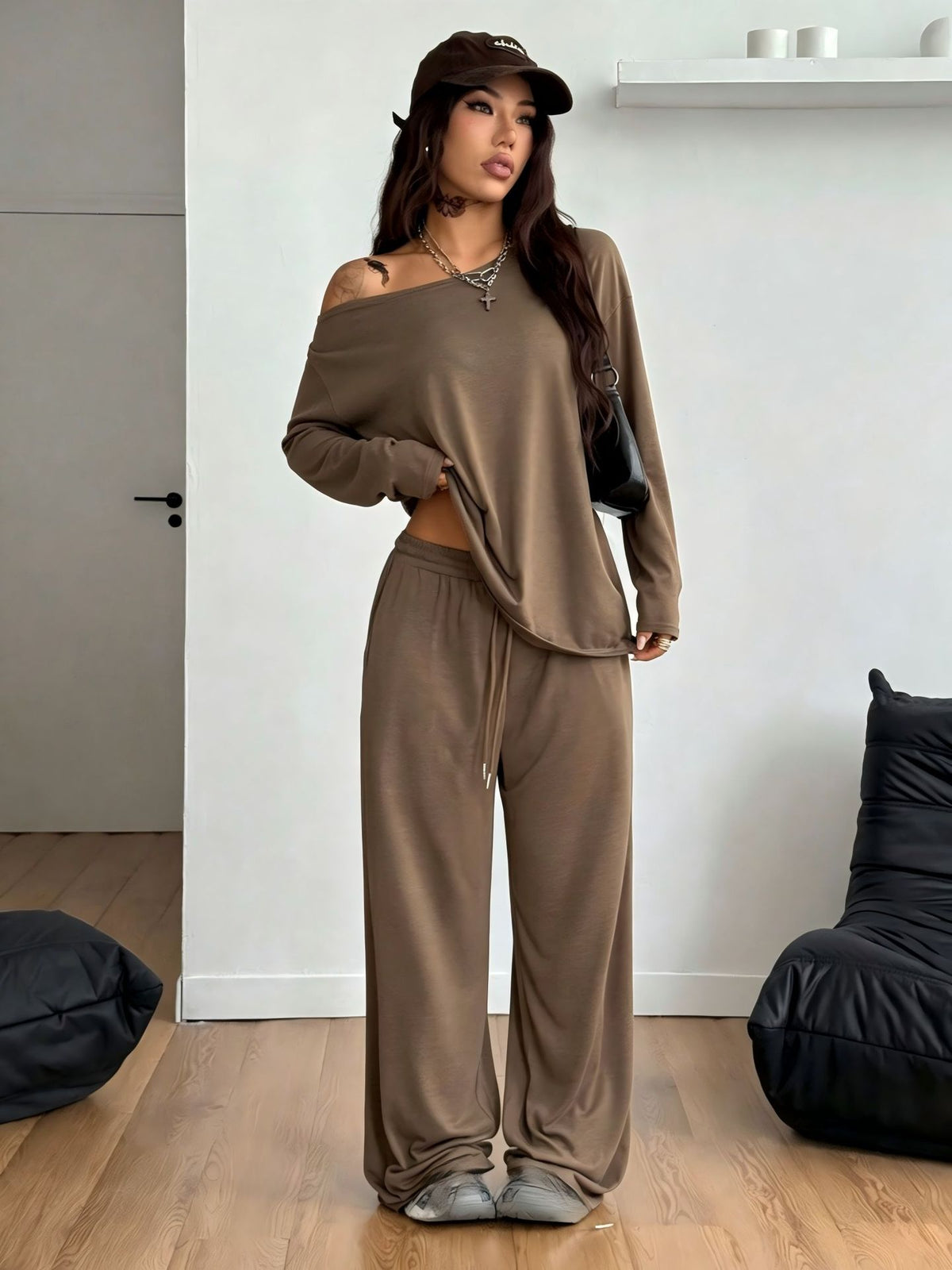 Women Off Shoulder Wide Leg Pants Casual Two Piece Set