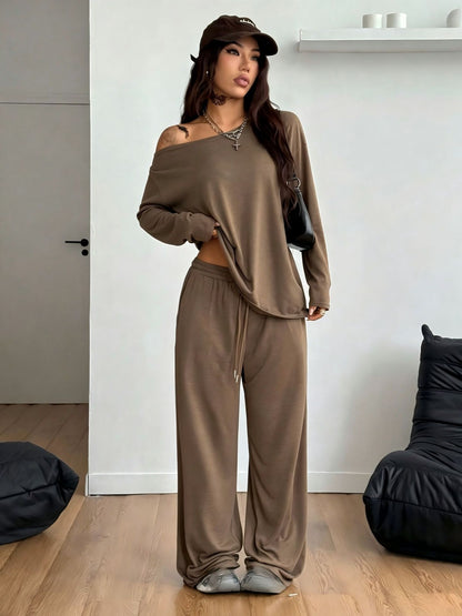Women Off Shoulder Wide Leg Pants Casual Two Piece Set