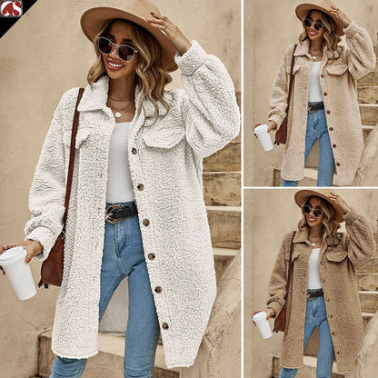 Women's Long Sherpa Jacket Button Down Collared Coat