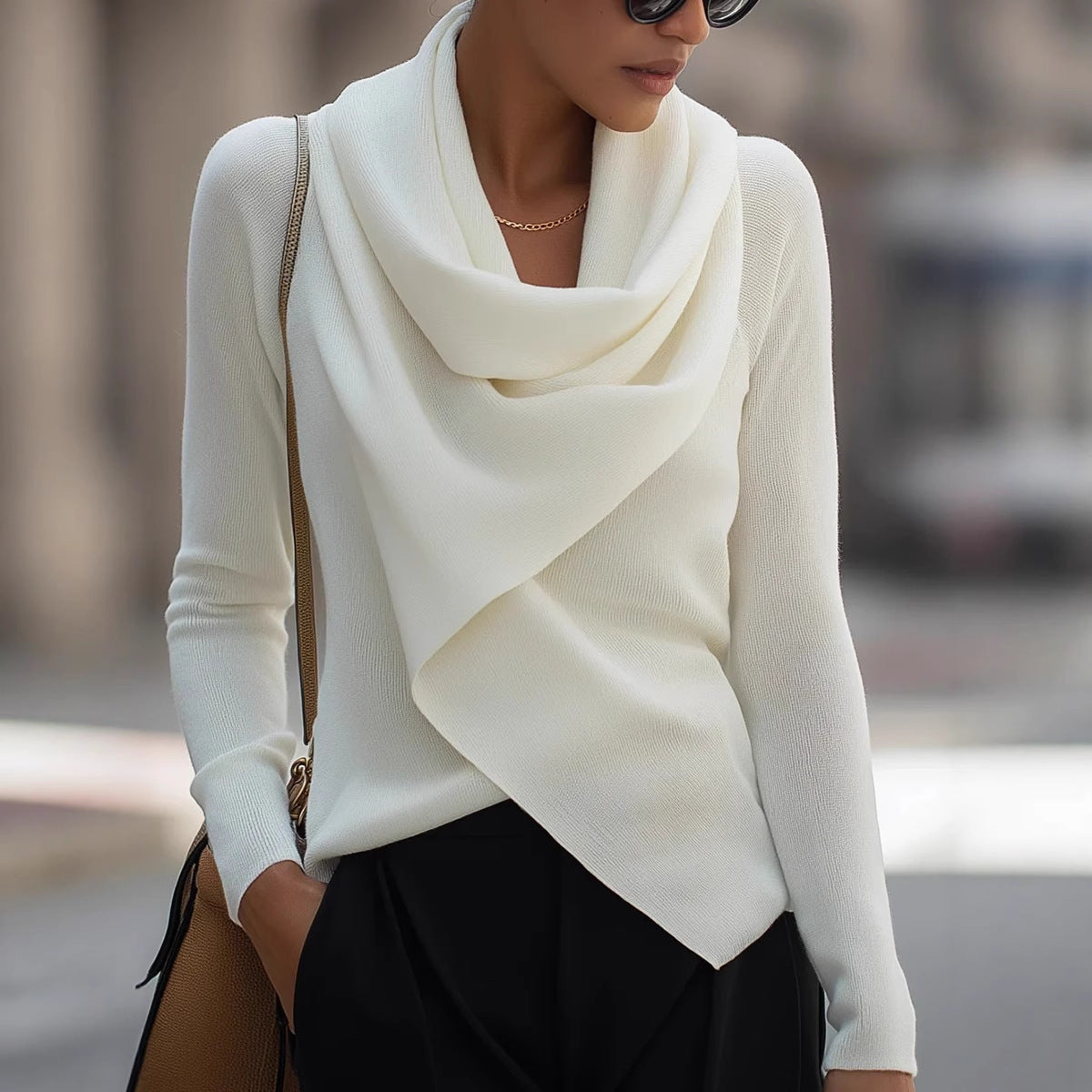 Cowl Neck Asymmetric Draped Knit Sweater