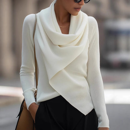 Cowl Neck Asymmetric Draped Knit Sweater