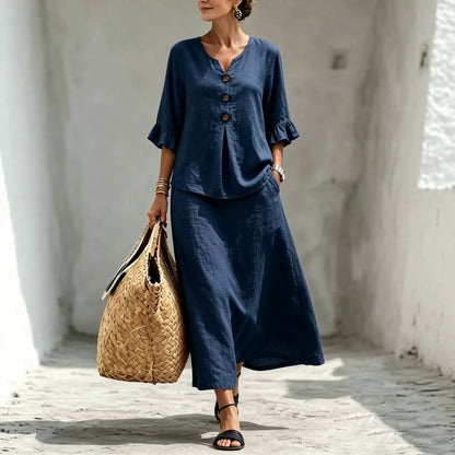 Boho Button Front Flounce Sleeve Top Midi Skirt Set