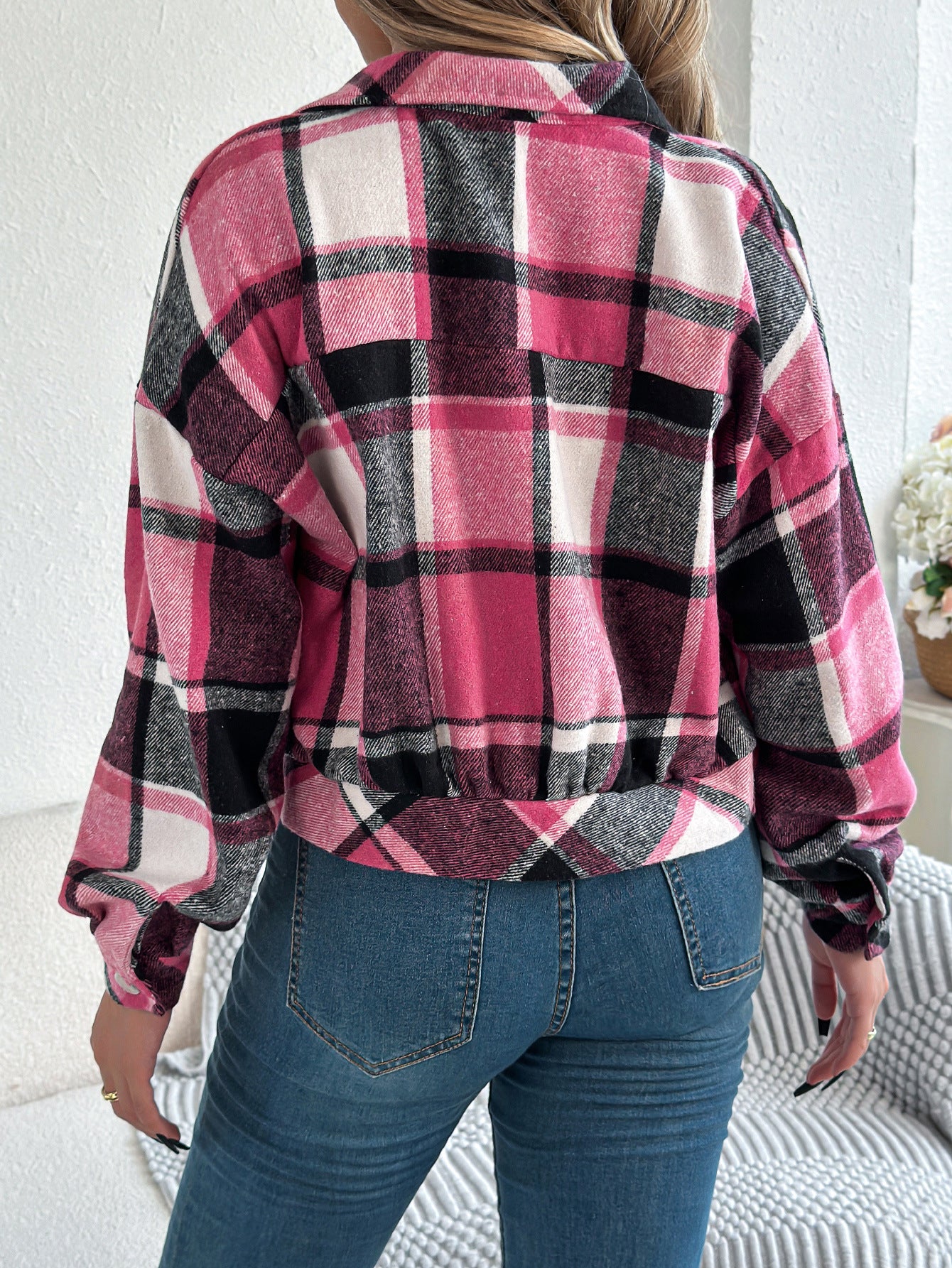 Plaid Button Front Long Sleeve Casual Jacket Coat