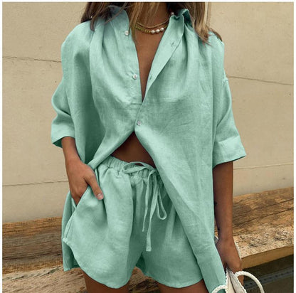 Women's Button Down Shirt & Shorts Matching Set