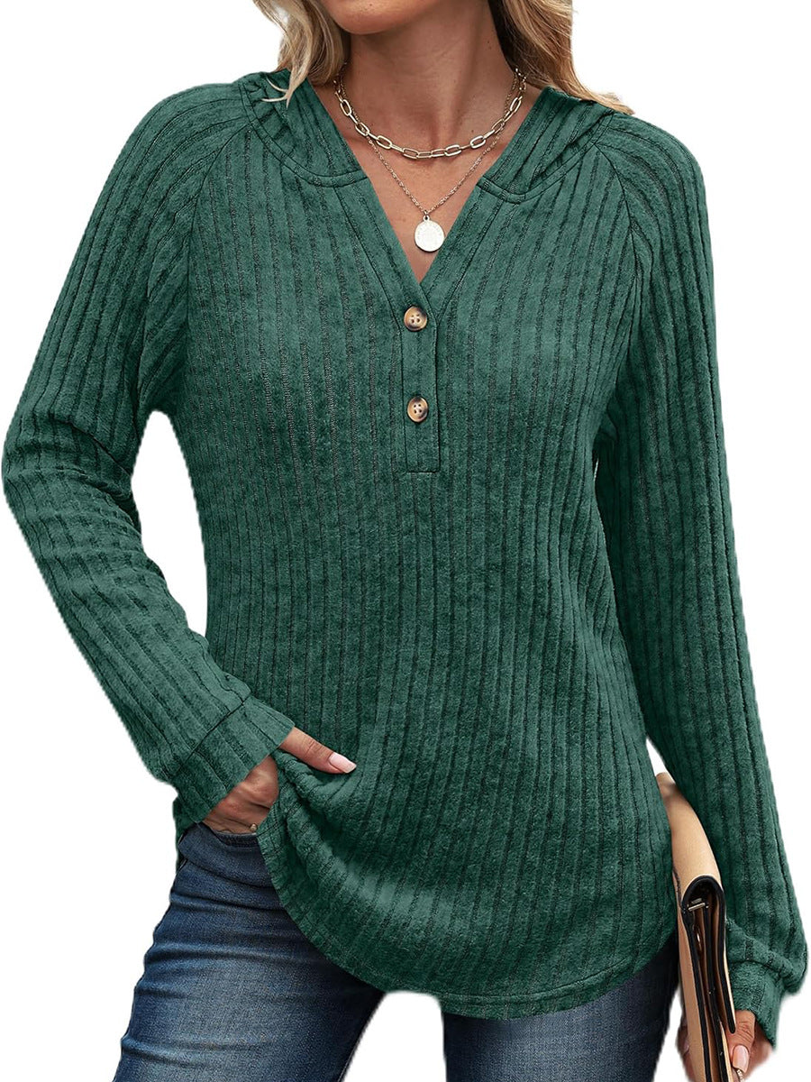 Women's Loose Hooded V Neck Button Ribbed Knit Sweater