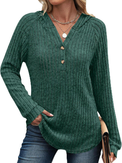 Women's Loose Hooded V Neck Button Ribbed Knit Sweater